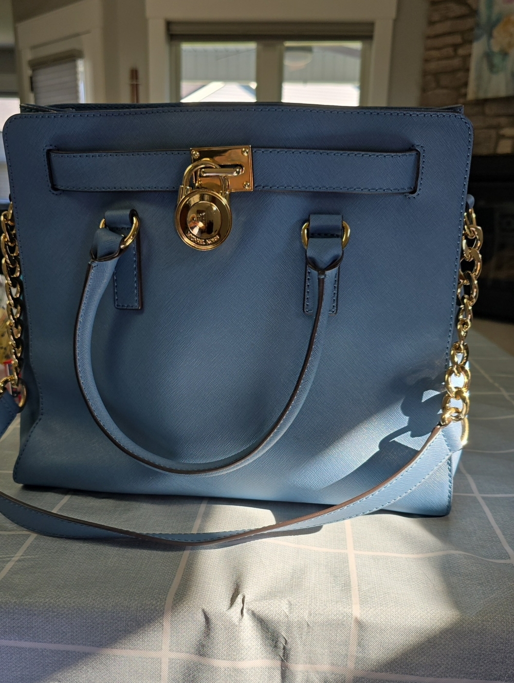 Michael Kors Sky Blue Saffiano Leather Satchel with Gold Hardware